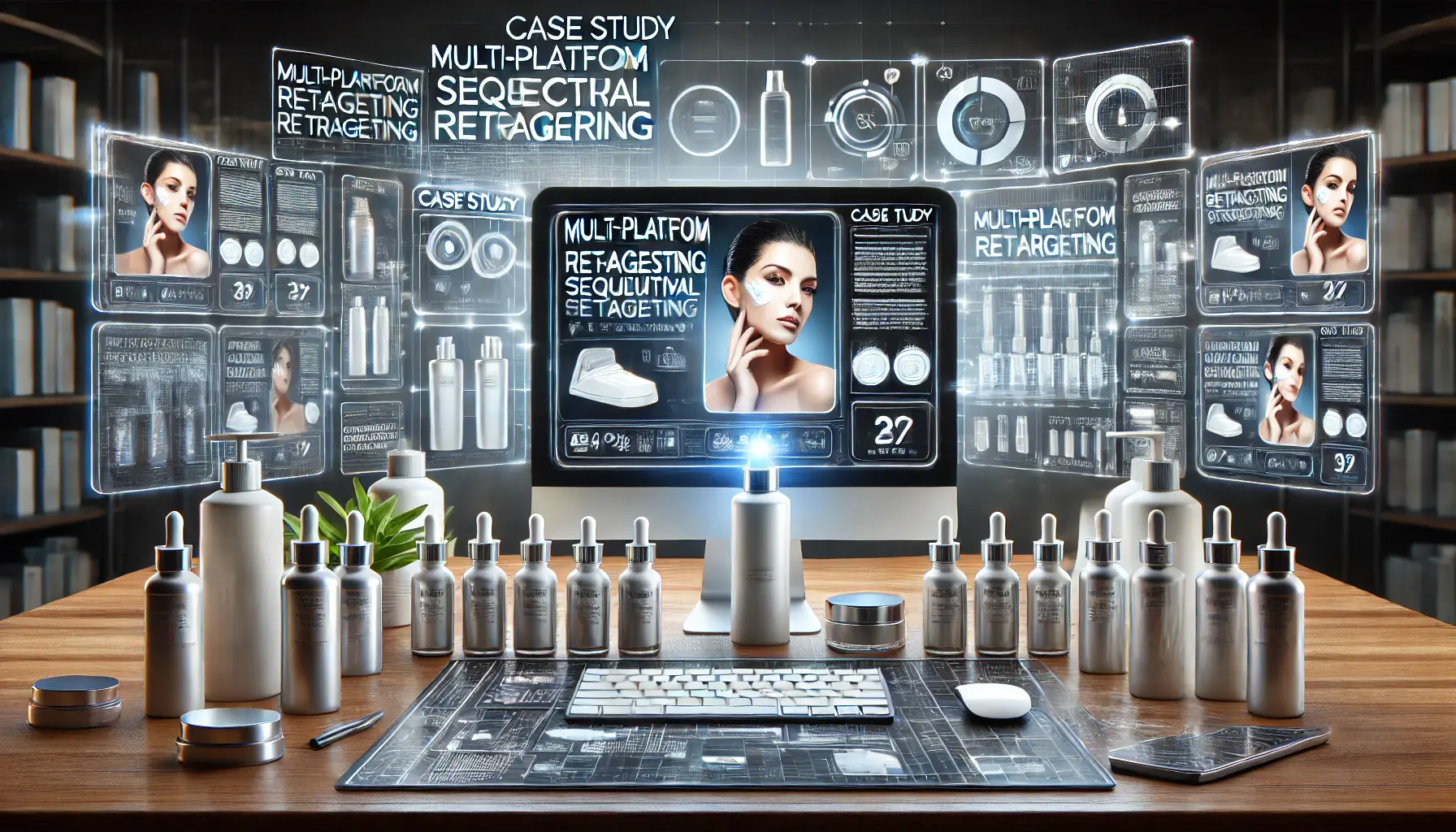 A digital workspace with skincare products being retargeted across various platforms like social media, mobile, and desktop.