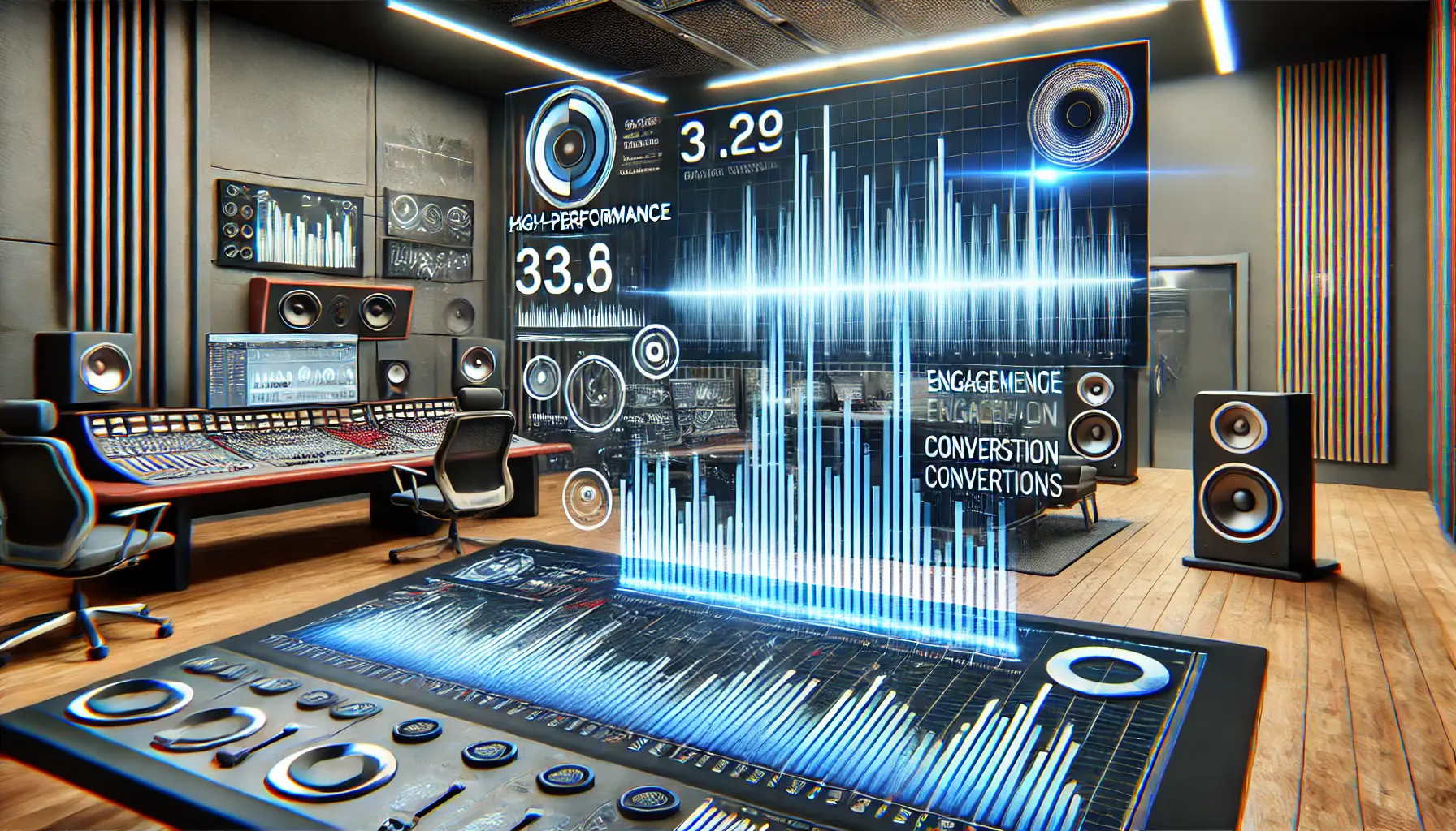 Image of a modern digital workspace displaying audio waveforms and campaign metrics, symbolizing high-performance audio-driven campaigns.