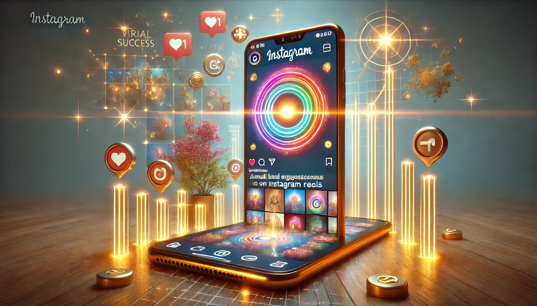 An image showing a smartphone displaying a viral Instagram Reel created by a small brand, surrounded by engagement icons like likes and shares.