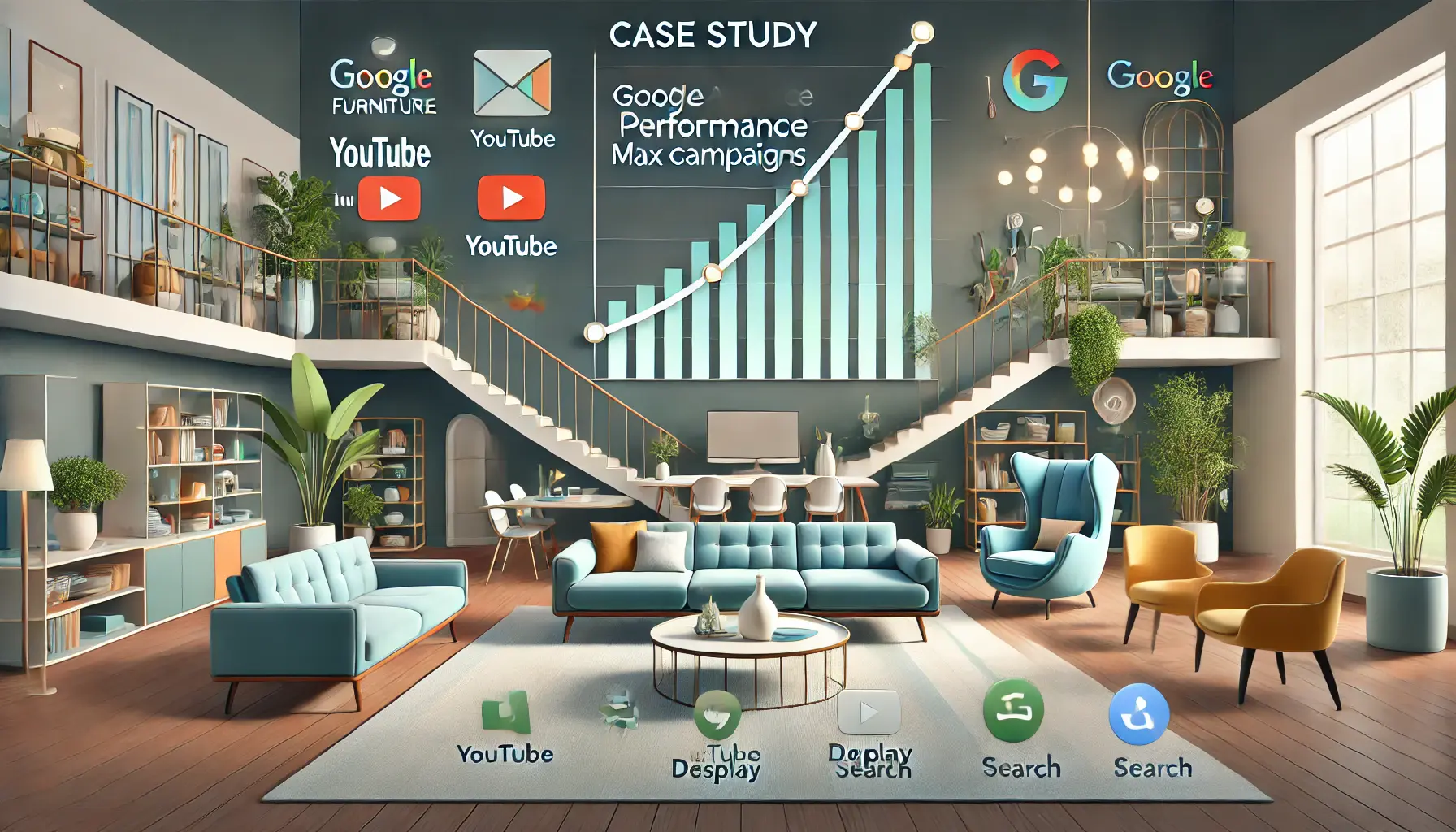 A professional illustration showing a furniture showroom with stylish pieces like sofas and tables, and a revenue growth graph in the background symbolizing the success of Performance Max campaigns for Joybird Furniture.