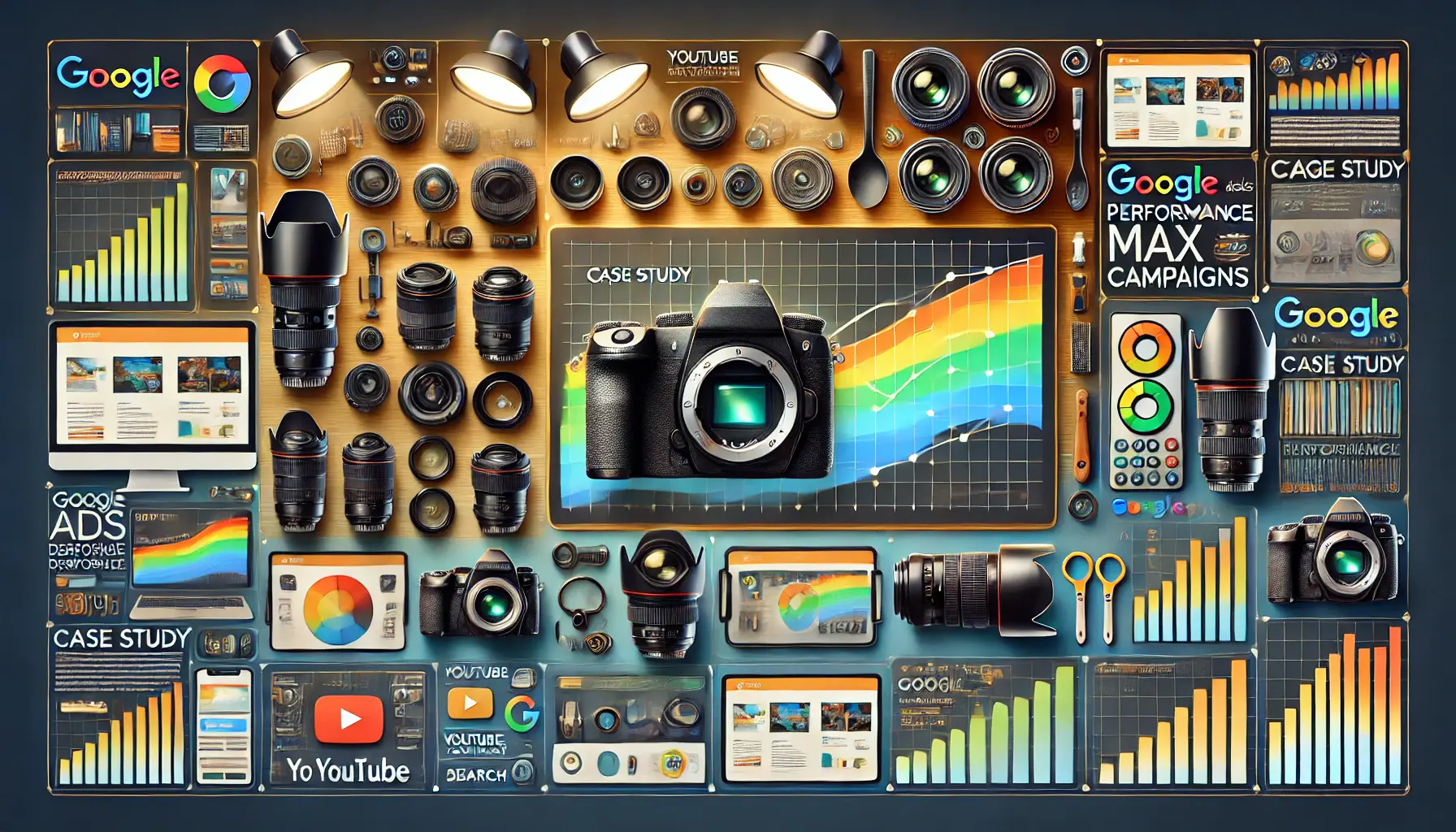 A professional illustration showing a display of professional camera equipment, such as lenses and cameras, with a revenue growth graph symbolizing the success of KEH Camera's Performance Max campaigns.