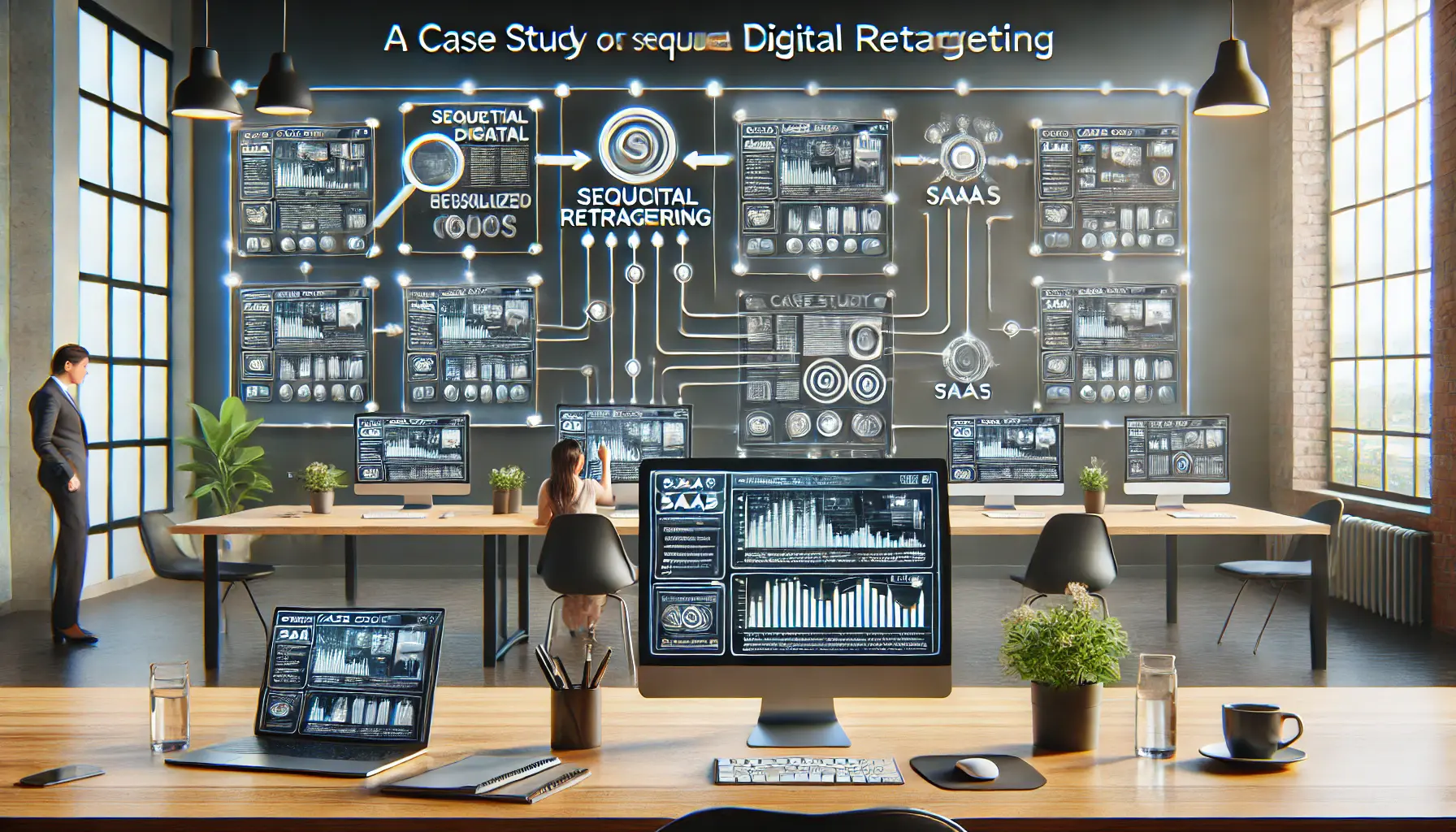 A digital workspace with multiple screens showing SaaS products being retargeted through personalized ad sequences.