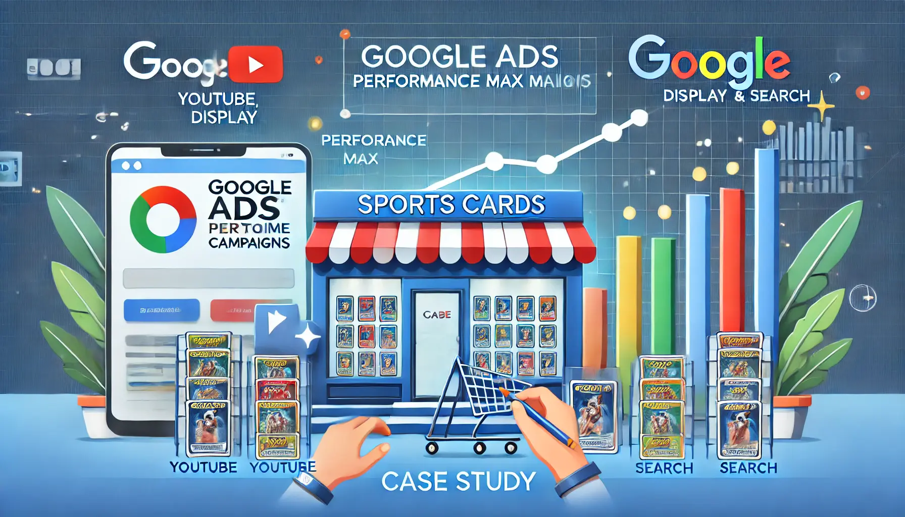 A professional illustration showing a sports card retailer's digital storefront with a revenue growth graph in the background, symbolizing the success of Performance Max campaigns.