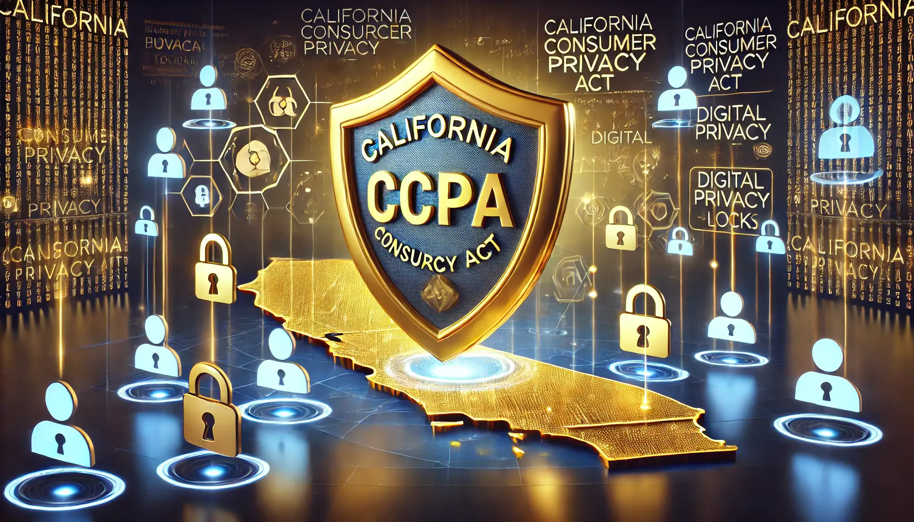 A golden shield symbolizing CCPA, surrounded by user icons, privacy locks, and data streams, placed in front of a digital map of California.