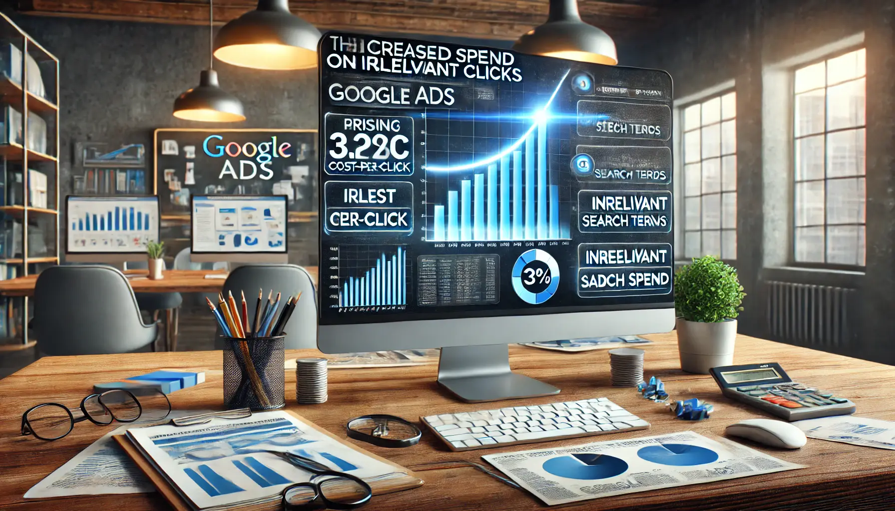 A digital workspace showing a marketer reviewing a rising cost-per-click graph and irrelevant search terms on a computer screen.