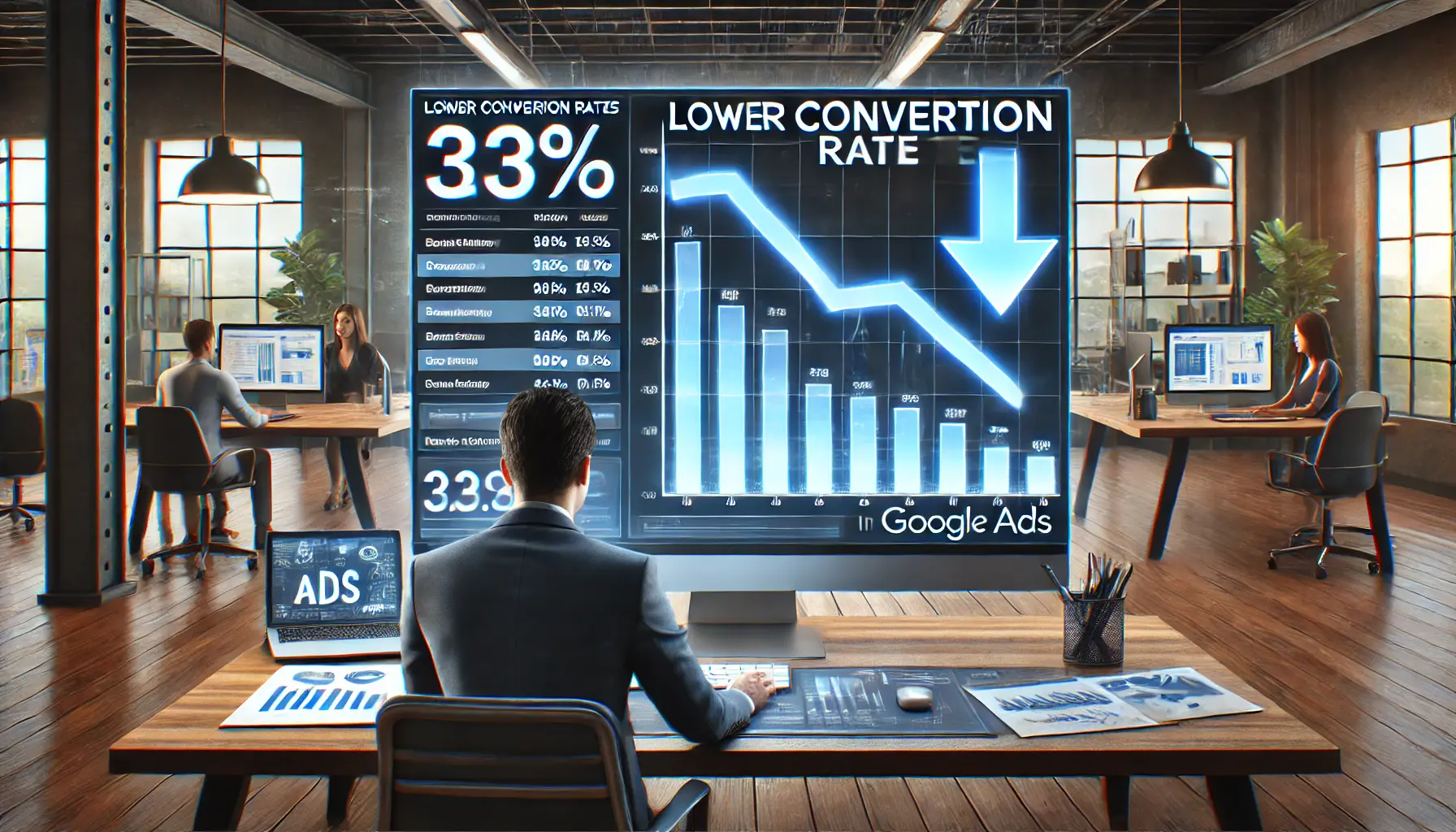 A digital workspace showing a marketer reviewing a declining conversion rate graph on a computer screen, highlighting poor campaign performance.