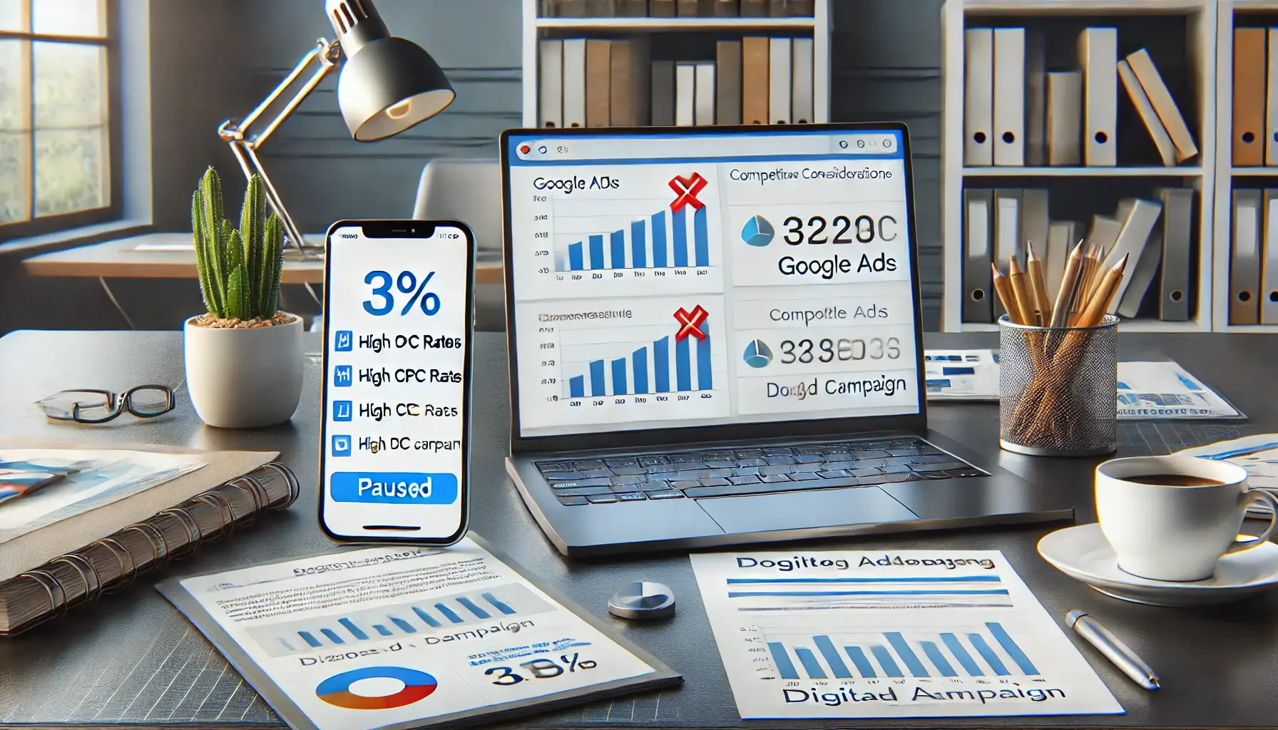 A workspace showing a laptop with Google Ads error messages, high CPC charts, and a paused ad campaign notification.