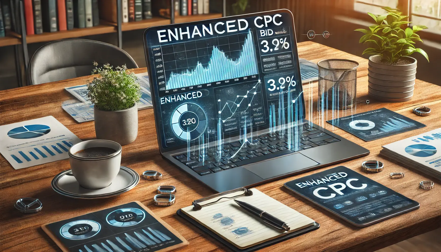 A digital marketing workspace showing a laptop with fluctuating bid values and conversion rates, symbolizing the challenges of Enhanced CPC.