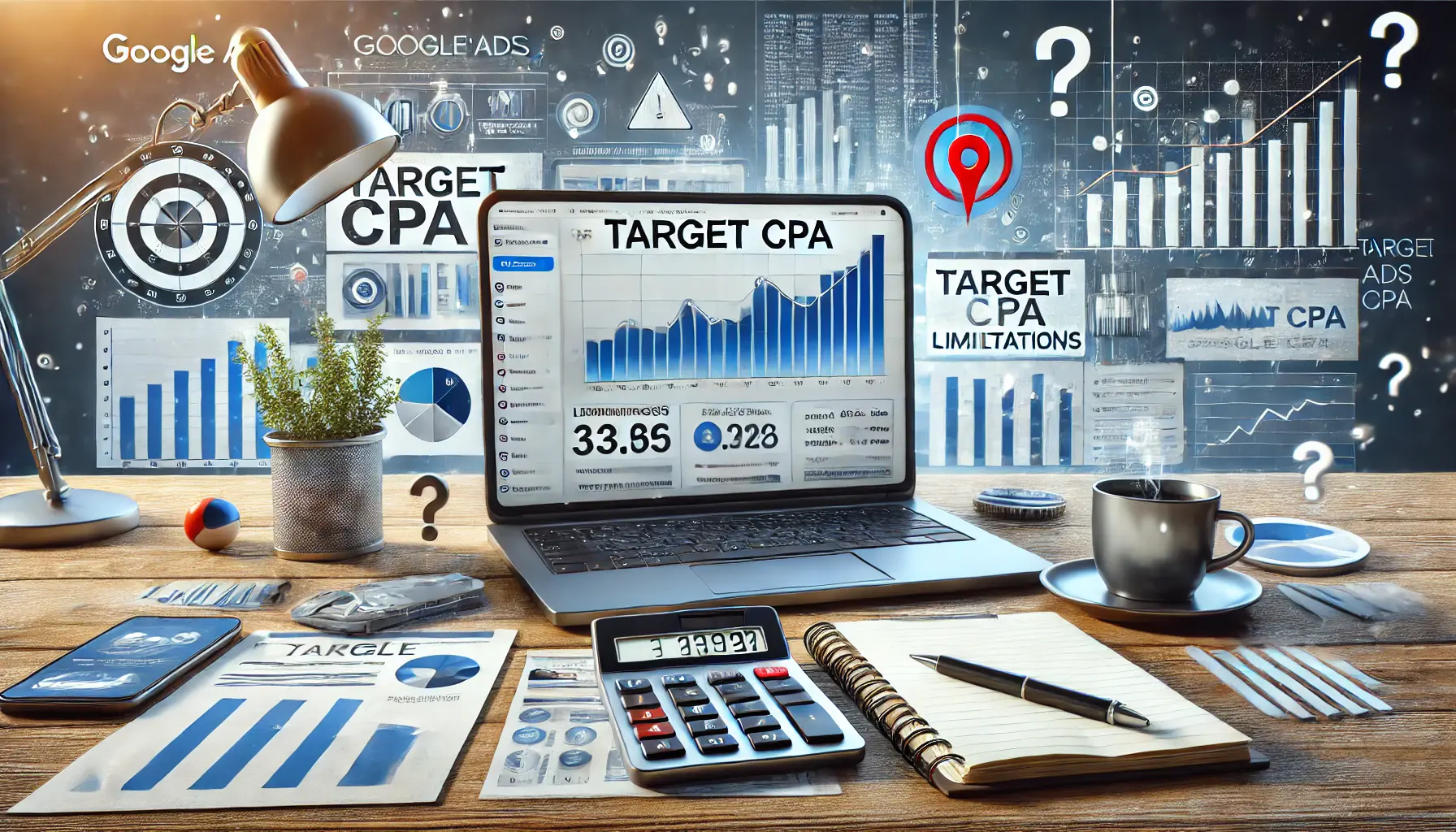 A professional workspace with a laptop showing fluctuating performance data, a calculator with a question mark, and a notepad symbolizing challenges in optimizing Target CPA.