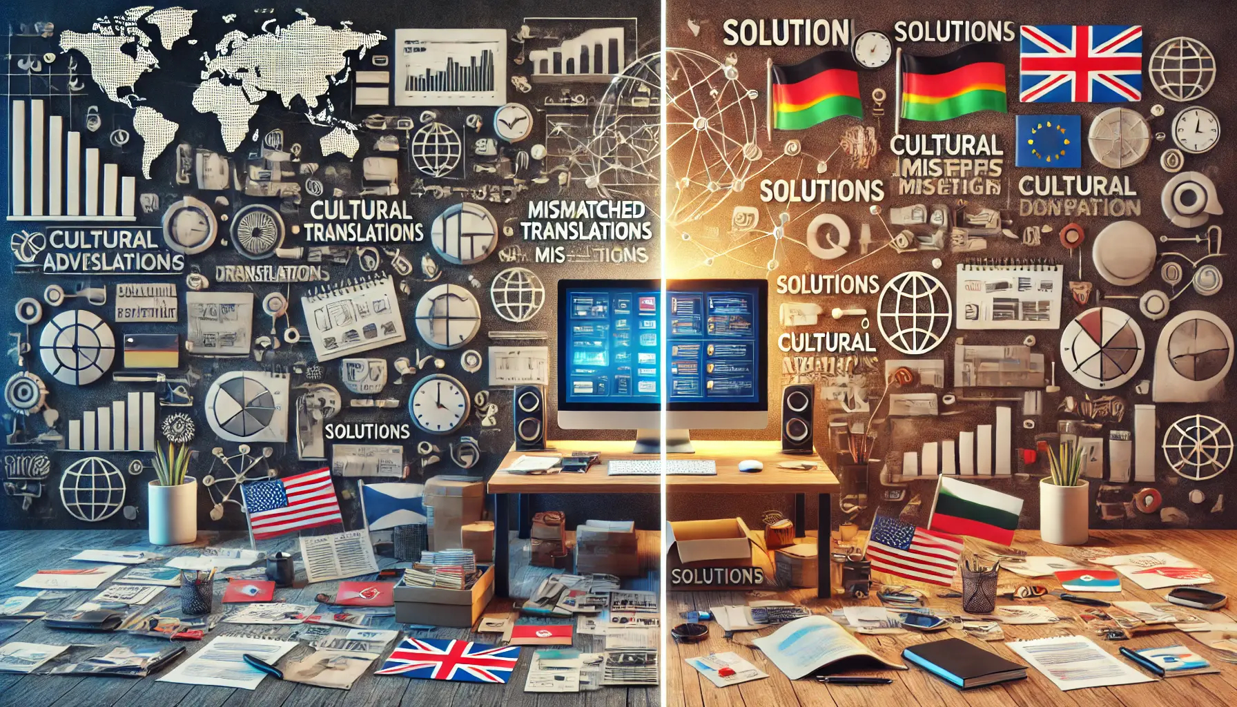 Split-screen showing challenges like mismatched translations and solutions like a successful multilingual campaign on a computer.