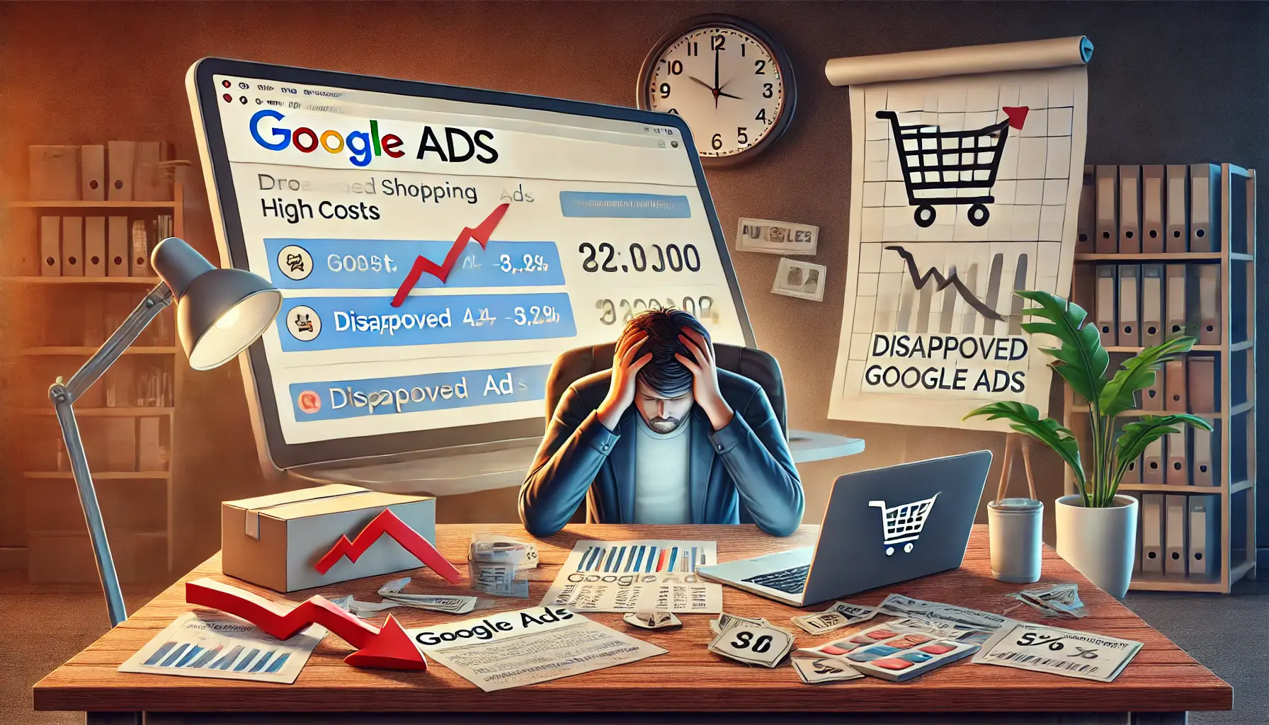 A person at a desk showing frustration with a laptop displaying Google Ads challenges such as high costs and disapproved ads, surrounded by icons like a broken cart and a downward trend graph.