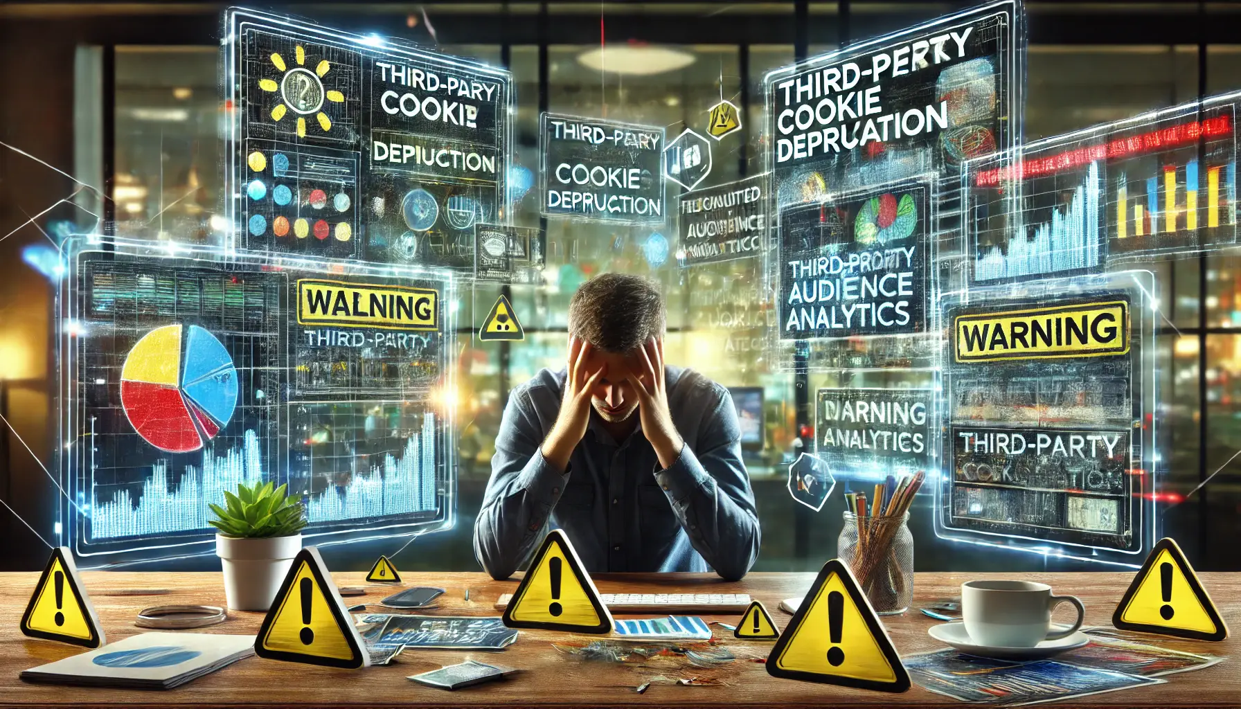 Digital artwork depicting a stressed marketer surrounded by screens with disconnected data charts and fragmented audience analytics in a dimly lit office.