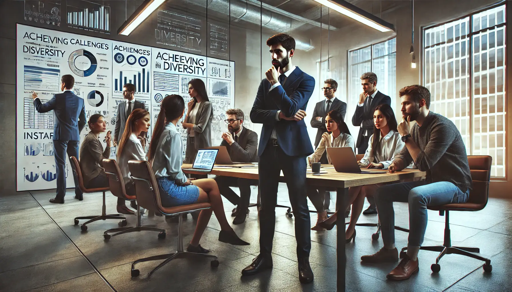 A diverse team brainstorming in a modern office, facing challenges in achieving diversity in Instagram ads.