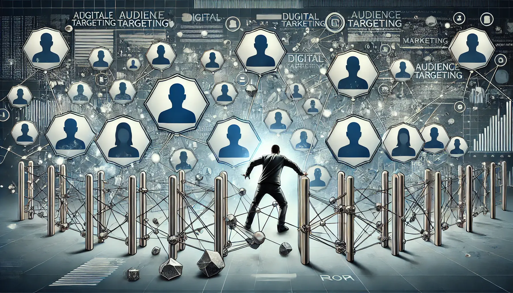 An image representing the challenges in audience targeting with fragmented connections and obstacles.