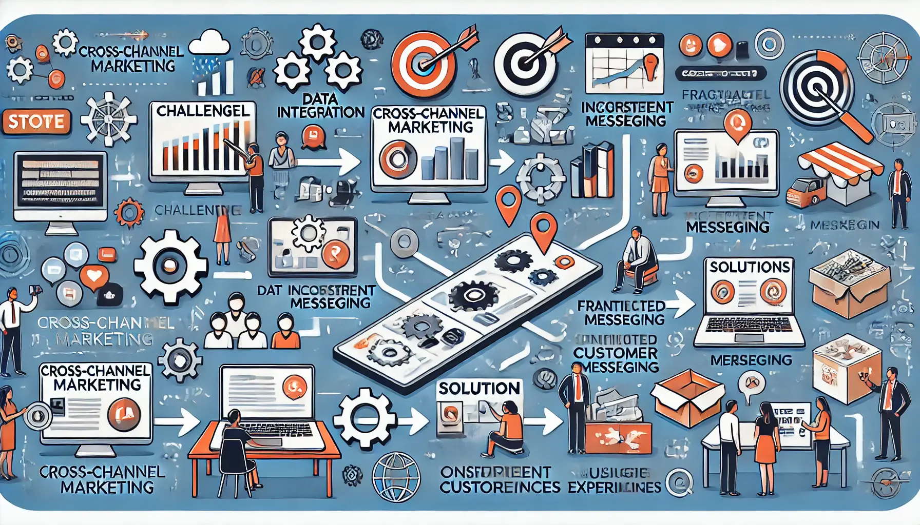 An image depicting challenges in cross-channel marketing, such as data integration, inconsistent messaging, and fragmented customer experiences, along with solutions like centralized data and unified messaging.