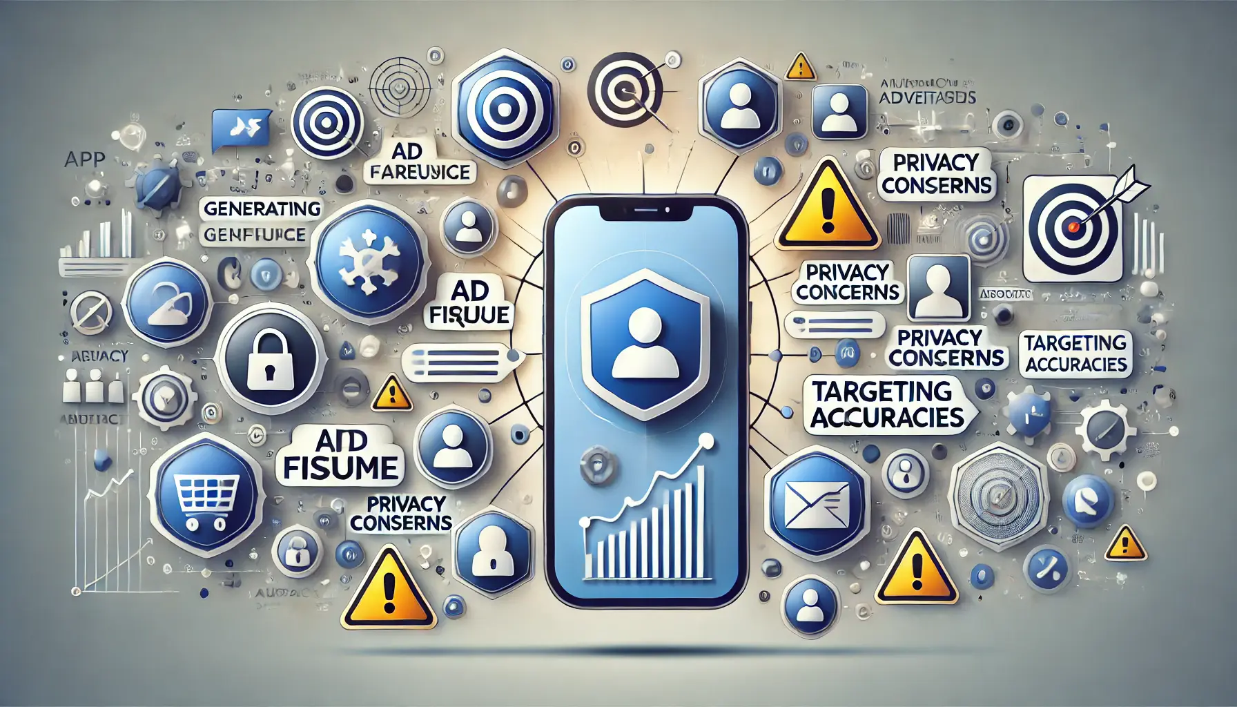 An abstract image illustrating challenges in lead generation through app ads, featuring shields, caution signs, and overlapping ads around a mobile device.