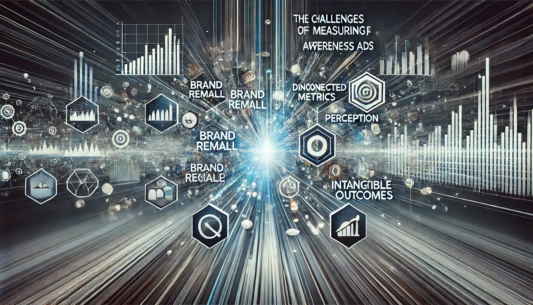 An illustration showing abstract elements like data streams and disconnected metrics, representing the challenges in measuring the effectiveness of awareness ads.