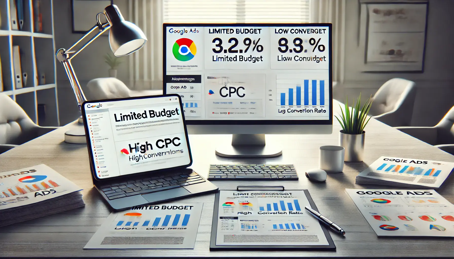 A workspace featuring a computer with Google Ads warnings, documents with high CPC data, and a tablet showing campaign analysis graphs.