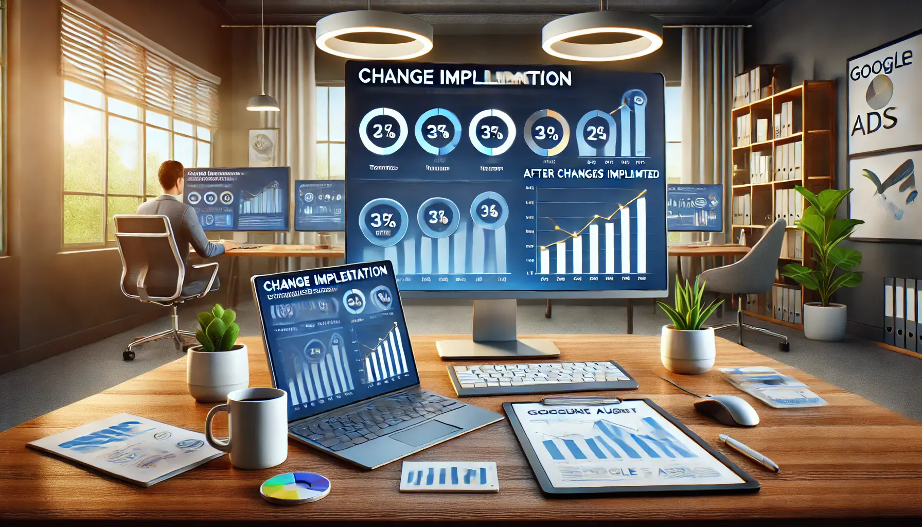 A digital marketer reviewing performance graphs and metrics on a large screen in a modern office, monitoring progress after implementing changes.