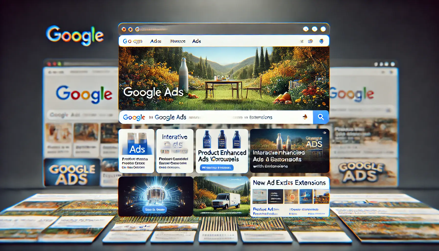 Representation of new Google Ads formats and extensions, including interactive ads and product carousels.