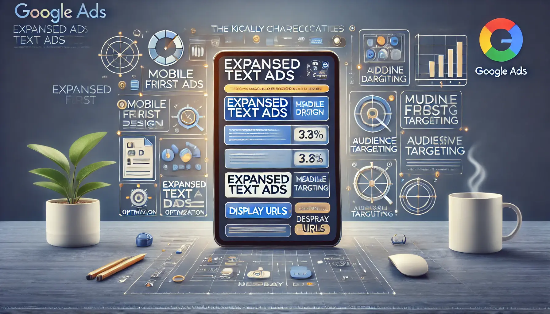 A screen showing an ad layout with features like mobile-first design, headline customization, and URL paths, surrounded by icons for digital ad optimization.