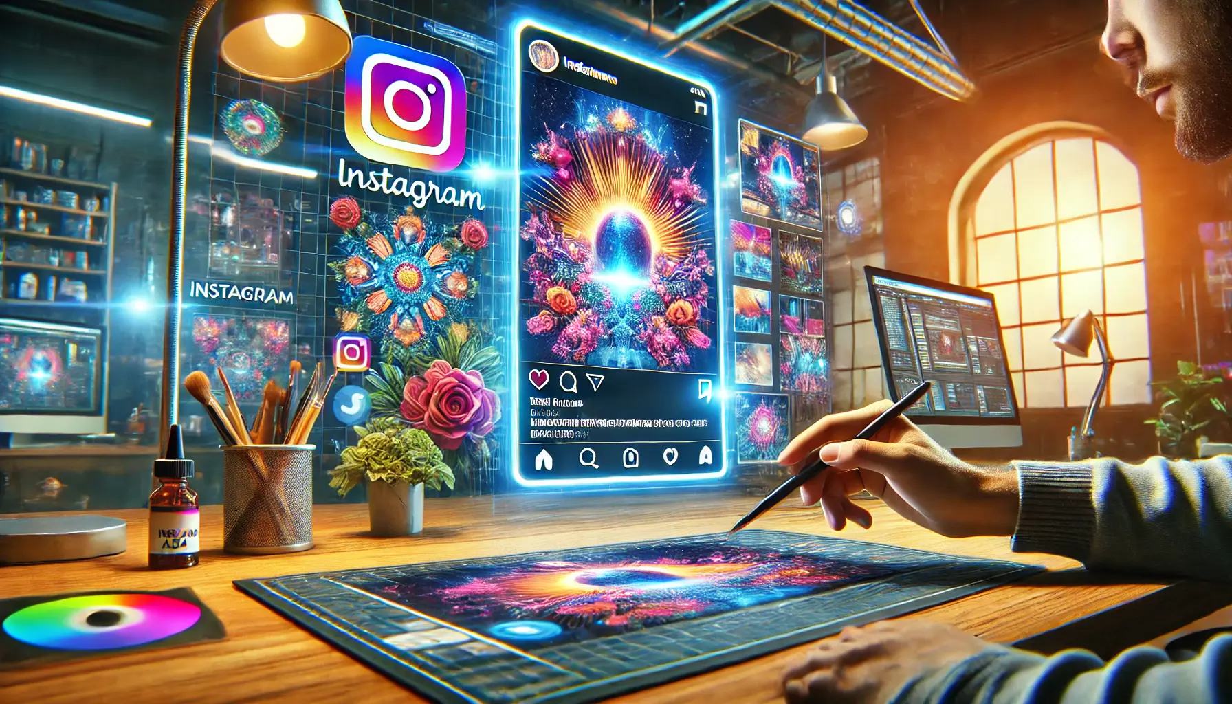 A digital marketing concept showing a designer selecting high-quality visuals for Instagram ads on a large screen, with a smartphone displaying an engaging ad.