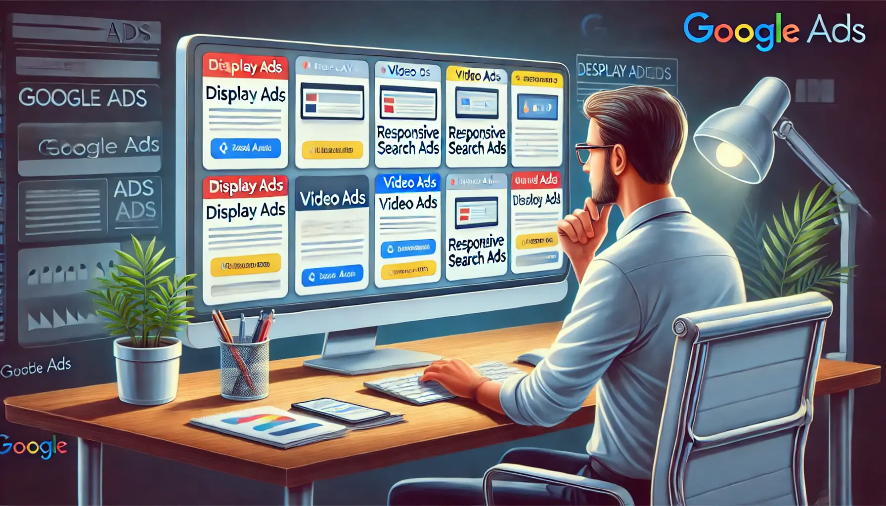 An illustration of a digital marketer reviewing various ad formats like display ads, video ads, and responsive search ads on a computer screen, choosing the right format for a Google Ads campaign.