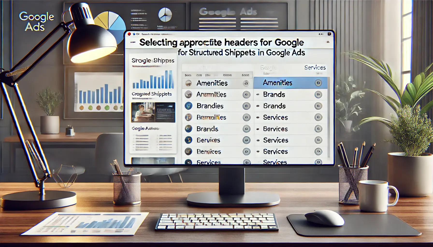 A Google Ads dashboard with a dropdown menu displaying various headers such as 'Amenities,' 'Brands,' and 'Services,' in a modern workspace.