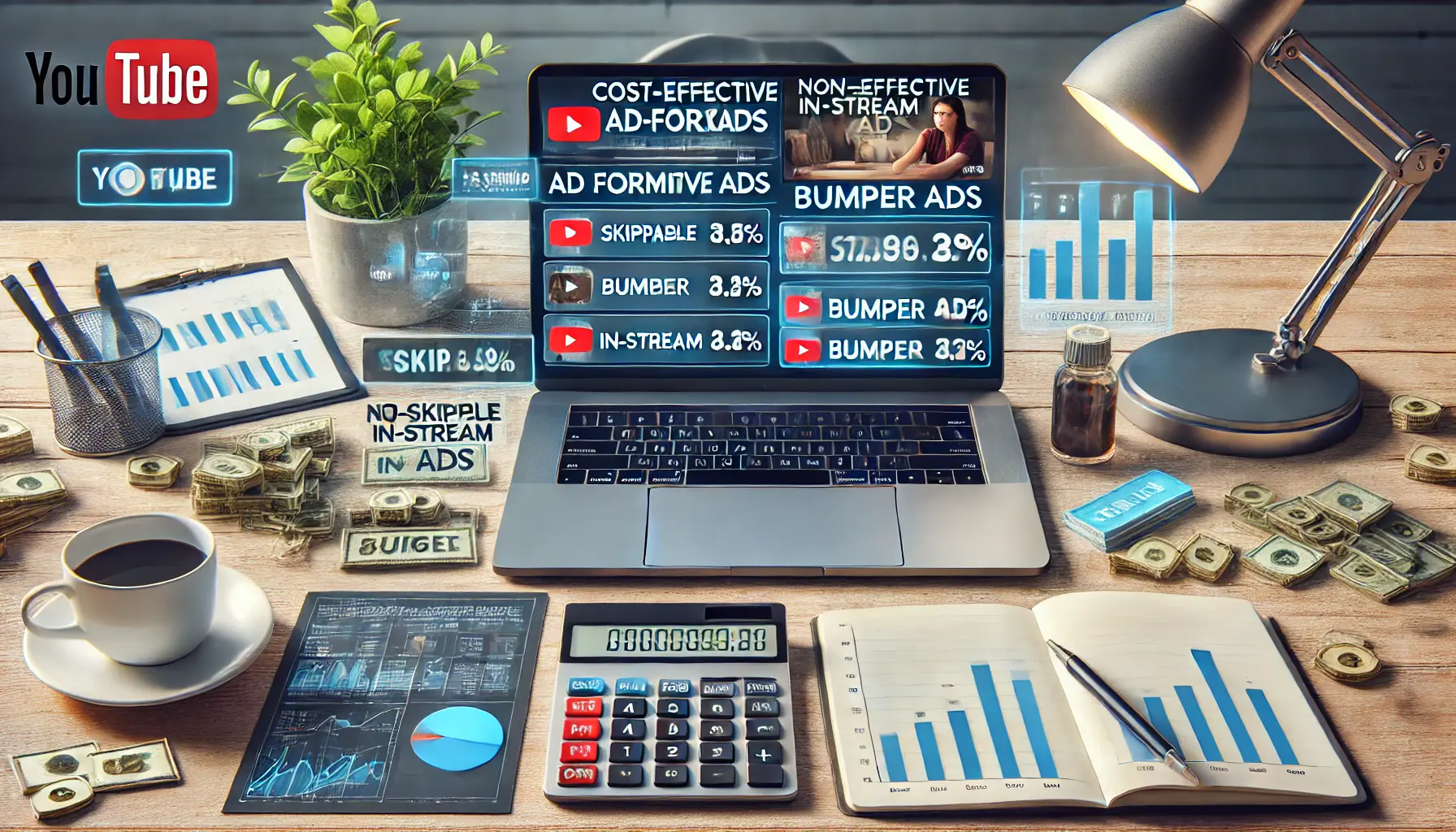 A workspace with a laptop showing different YouTube ad format options, including skippable ads, bumper ads, and non-skippable in-stream ads, along with a calculator and notepad for budgeting.