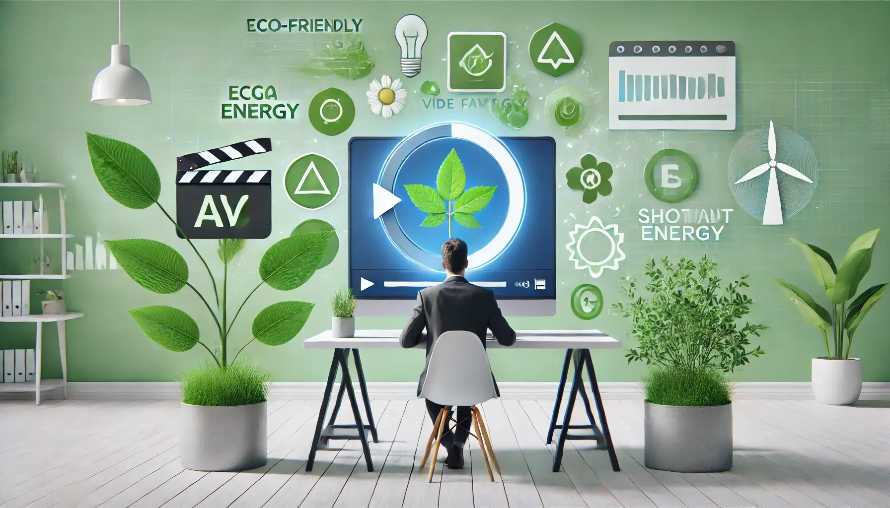 A digital workspace with a person selecting eco-friendly video ad formats on a screen, surrounded by green leaves, renewable energy icons, and video playback controls.