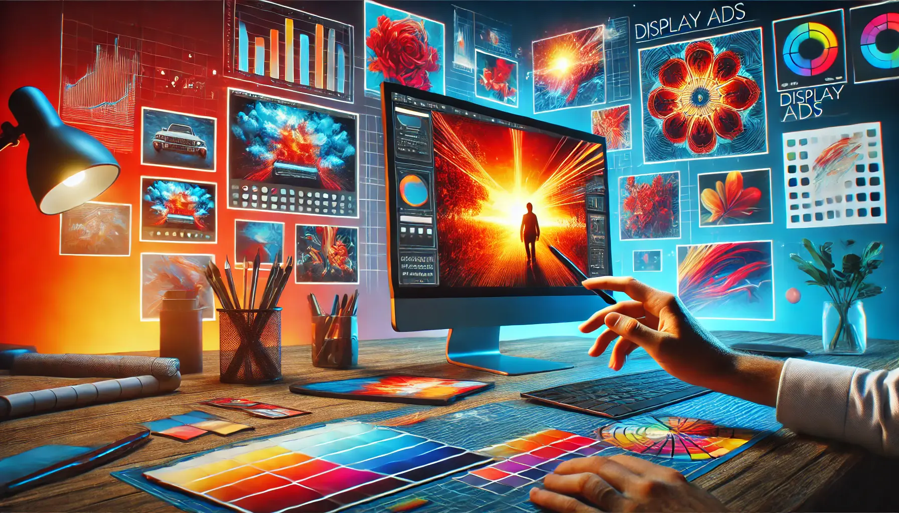 Image showing a designer selecting vibrant, high-quality images for a digital ad on a computer screen, with color swatches, design tools, and mood boards in the background.