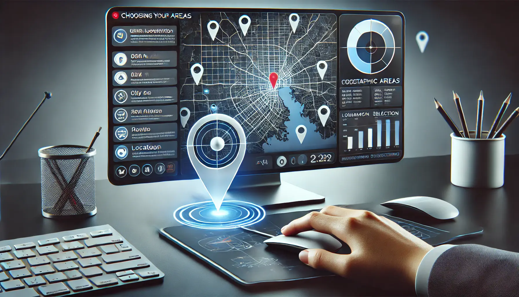 A computer screen showing a map with highlighted regions, city boundaries, and radius selection tools for geographic ad targeting.