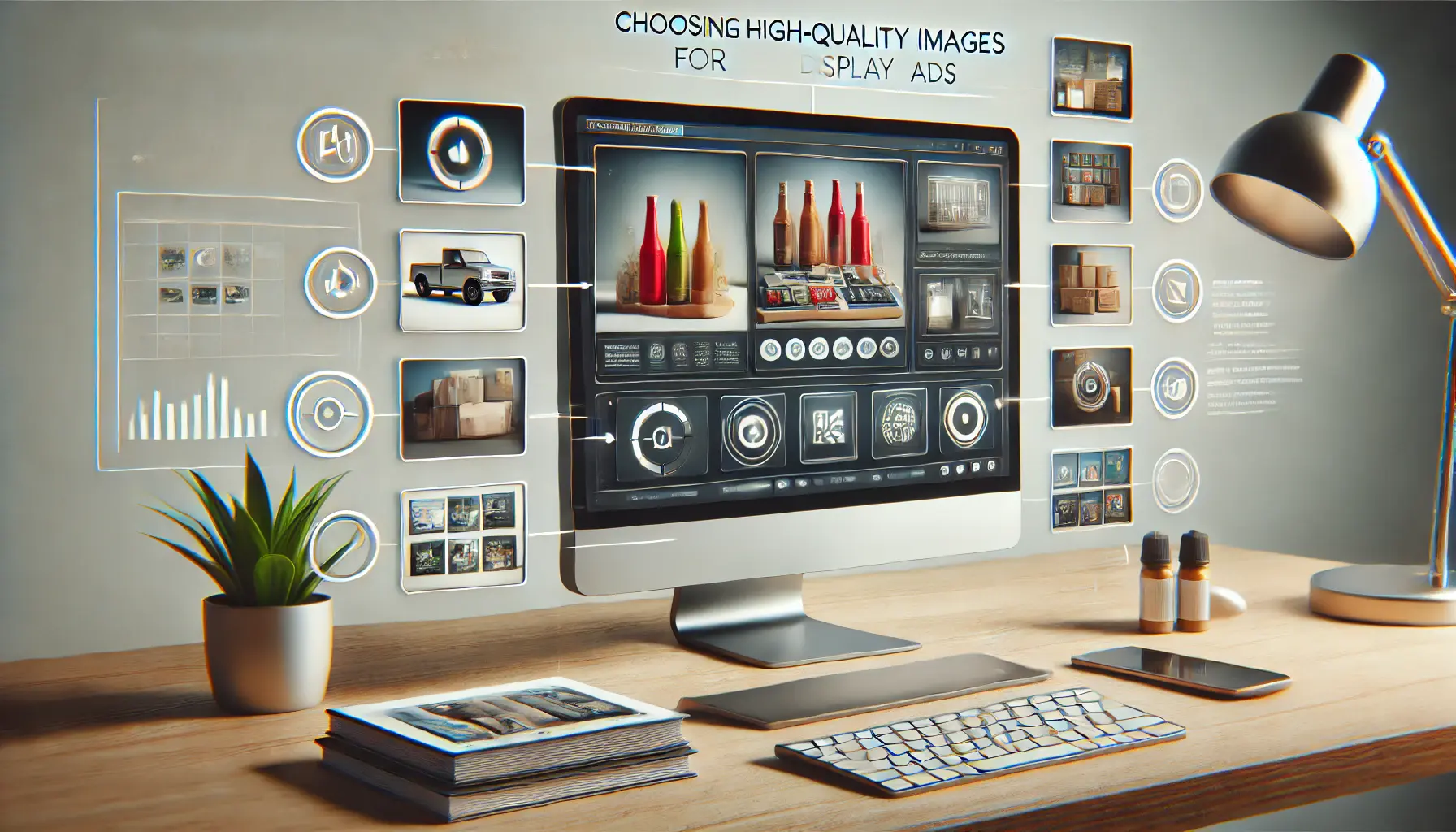 A digital workspace with a computer screen displaying a selection of high-quality product images in sharp focus, highlighting aspects of good imagery like lighting and resolution.