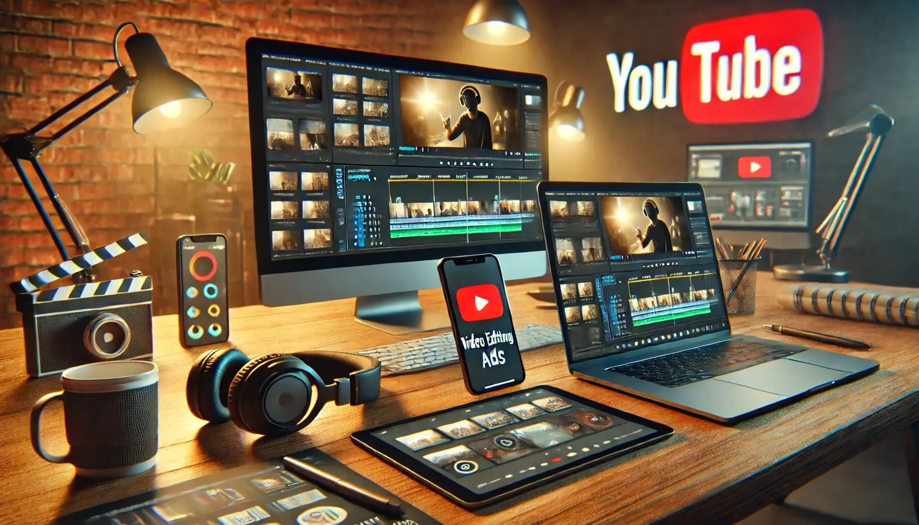 A workspace with a laptop, smartphone, and tablet displaying video editing tools, surrounded by creative elements like headphones and a camera.