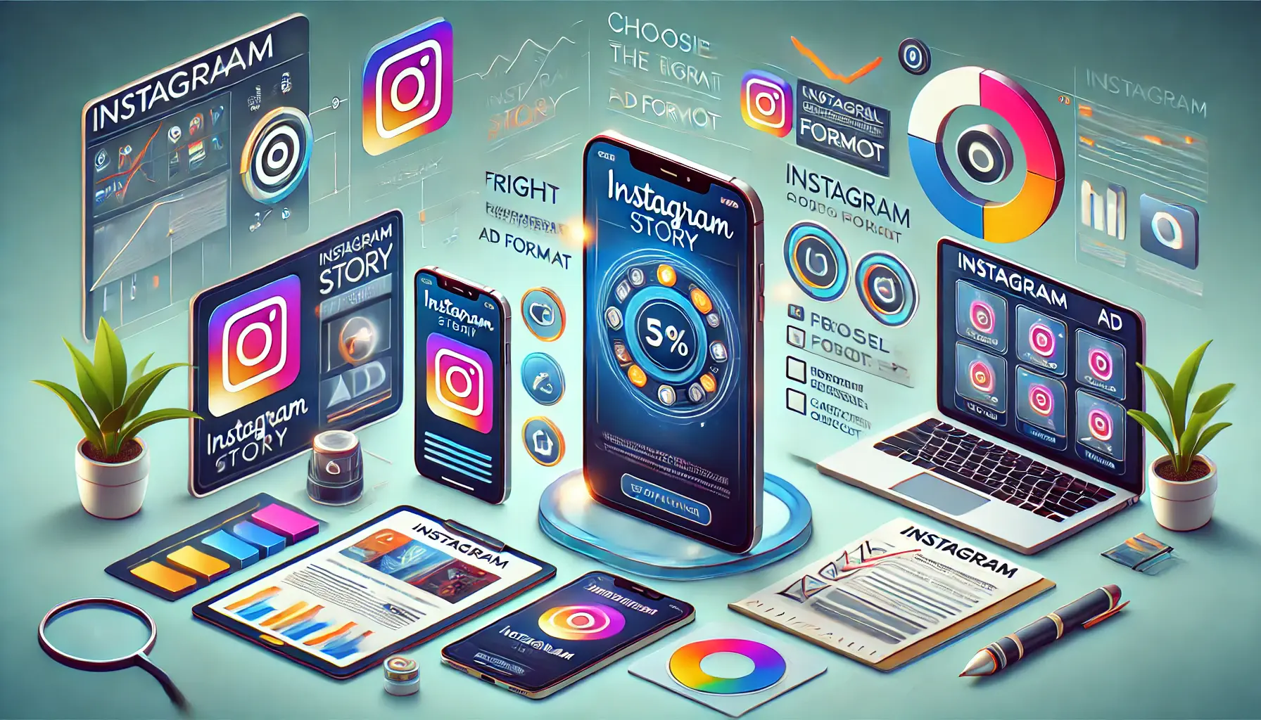 Illustration of a smartphone showing an Instagram Story ad, a tablet with a Carousel ad, and a laptop displaying a Reels ad, surrounded by icons like a magnifying glass, checklist, and graphs.