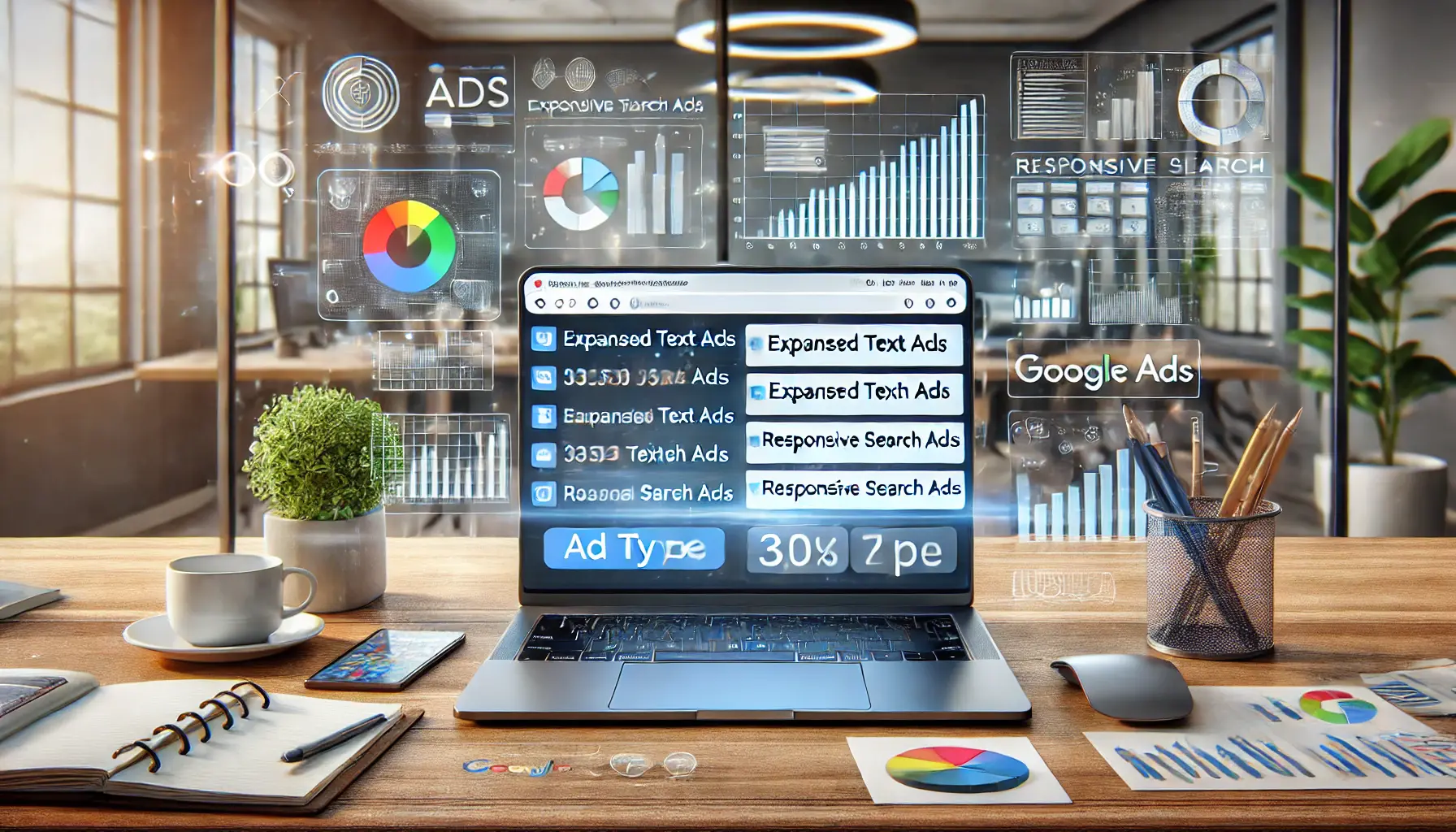 A digital marketing workspace showing multiple ad types on a laptop screen, illustrating the process of choosing the right ad format for a campaign.