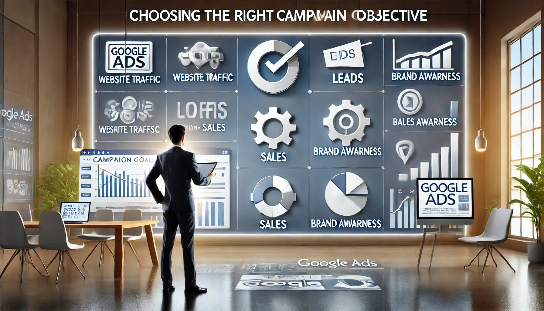 A businessperson analyzing campaign goals on a digital screen, surrounded by icons for website traffic, leads, sales, and brand awareness.