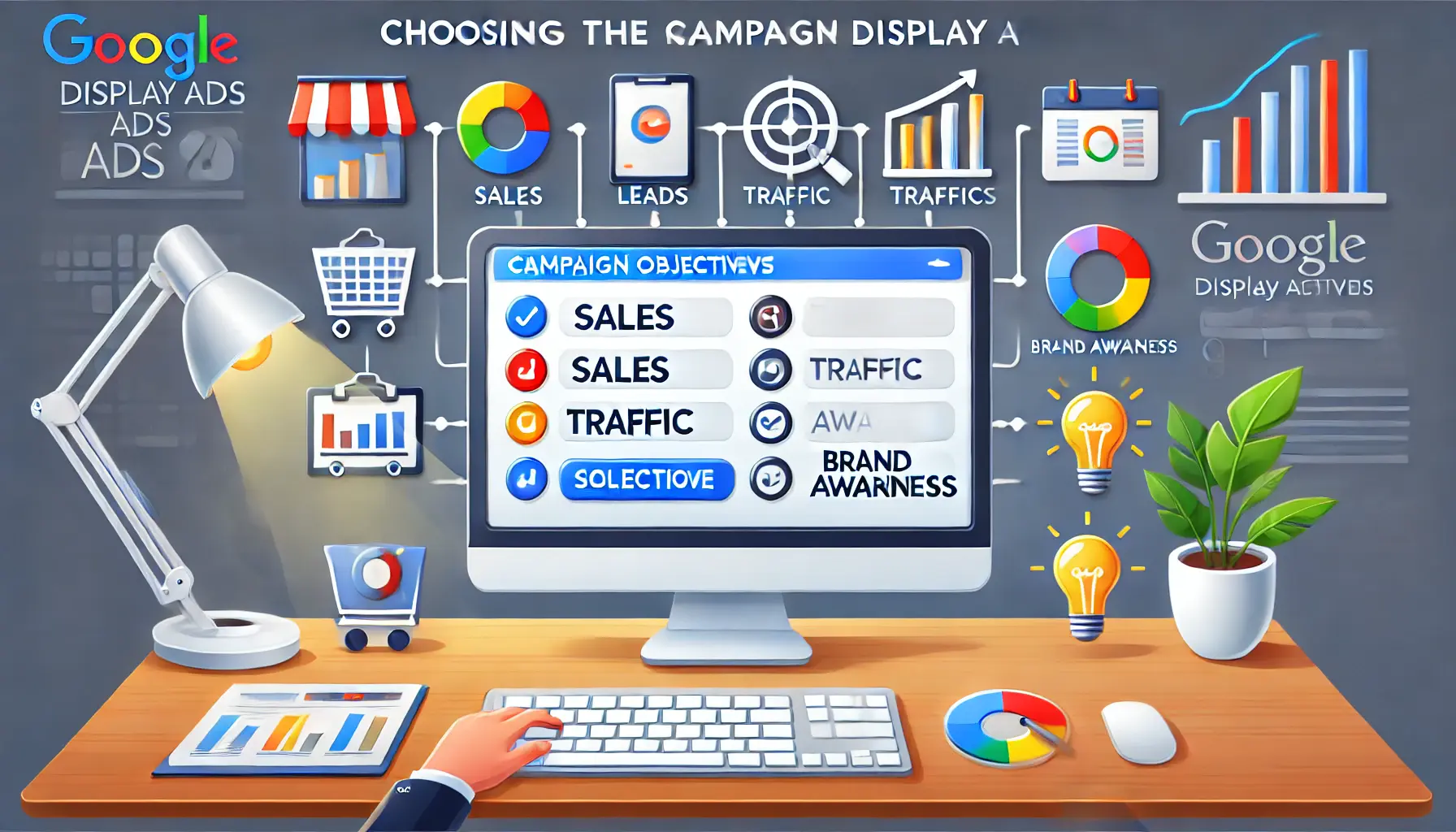 A professional workspace with a computer screen displaying options for campaign objectives, surrounded by icons for sales, traffic, and brand awareness.