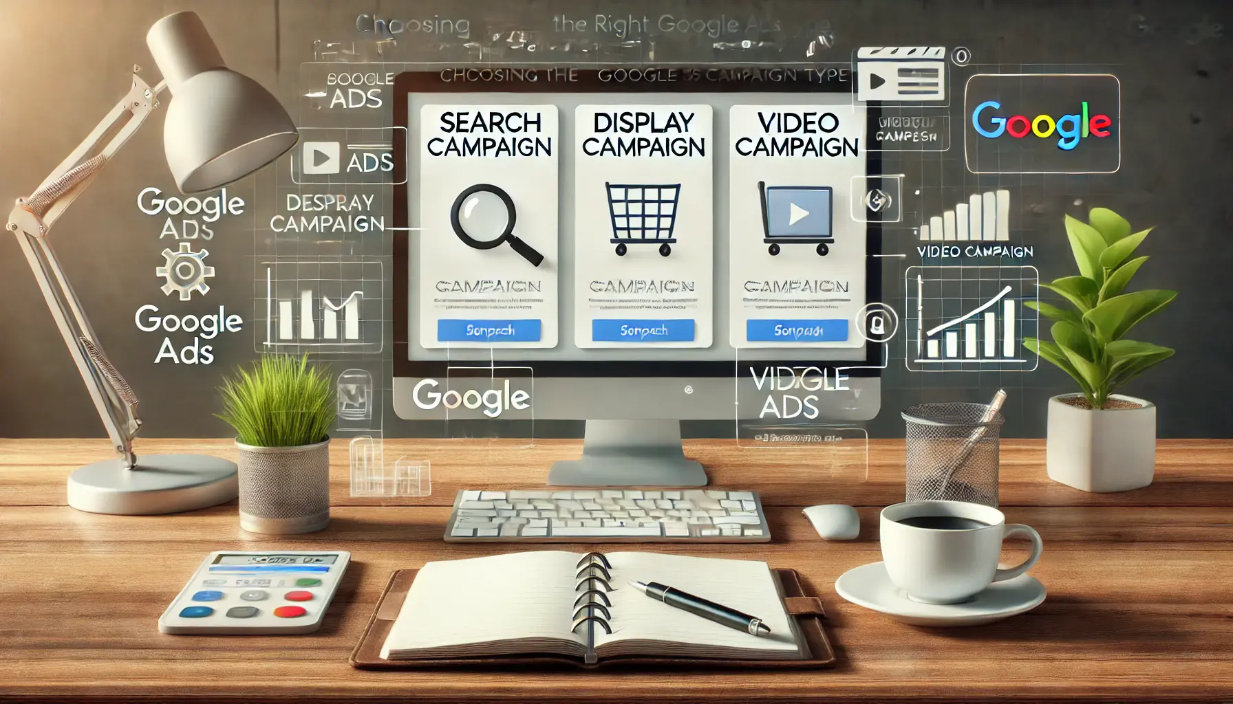 A modern workspace with a computer screen displaying various Google Ads campaign types such as Search, Display, and Video campaigns.