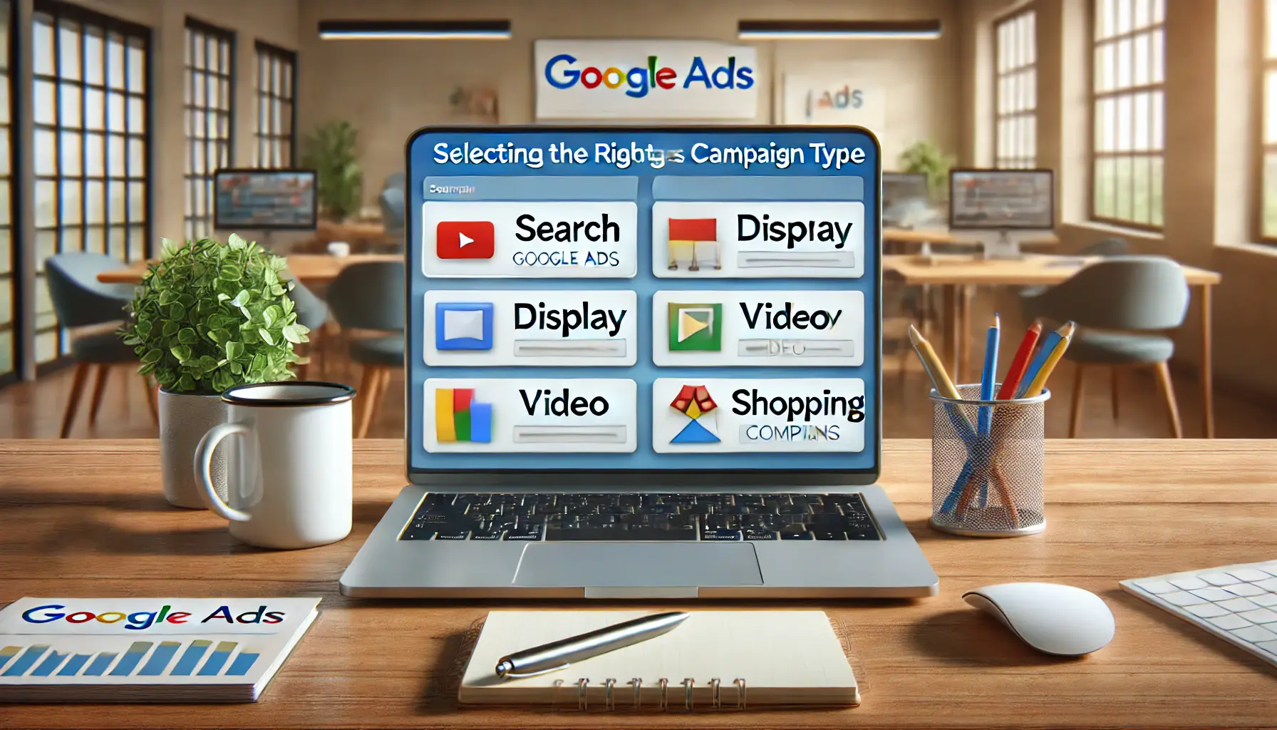 A laptop displaying Google Ads campaign type options, including search, display, video, and shopping, set on a desk with a coffee mug and notepad.