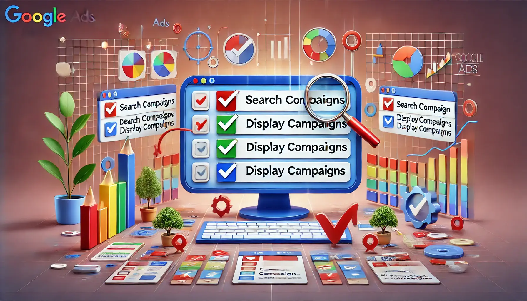 An illustration of selecting the right campaign type in Google Ads, showcasing options like search and display campaigns with decision-making symbols.