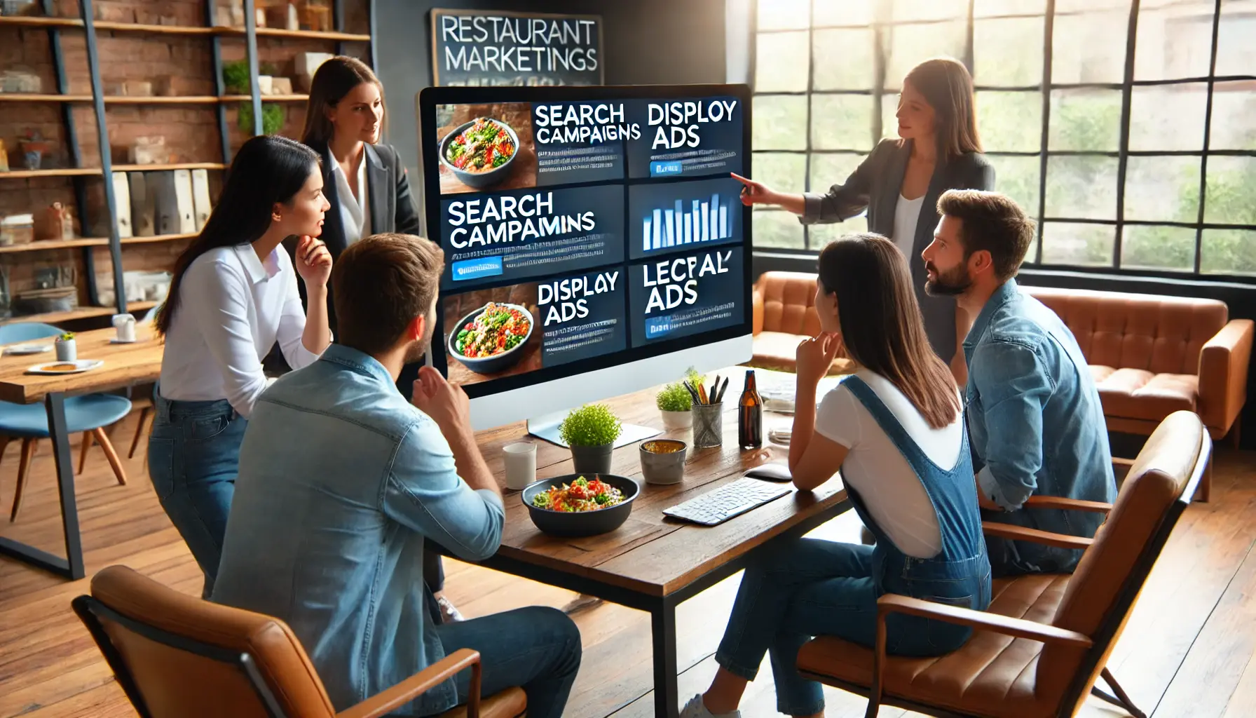 A restaurant marketing team analyzing different campaign types on a computer screen, discussing search, display, and local campaigns.