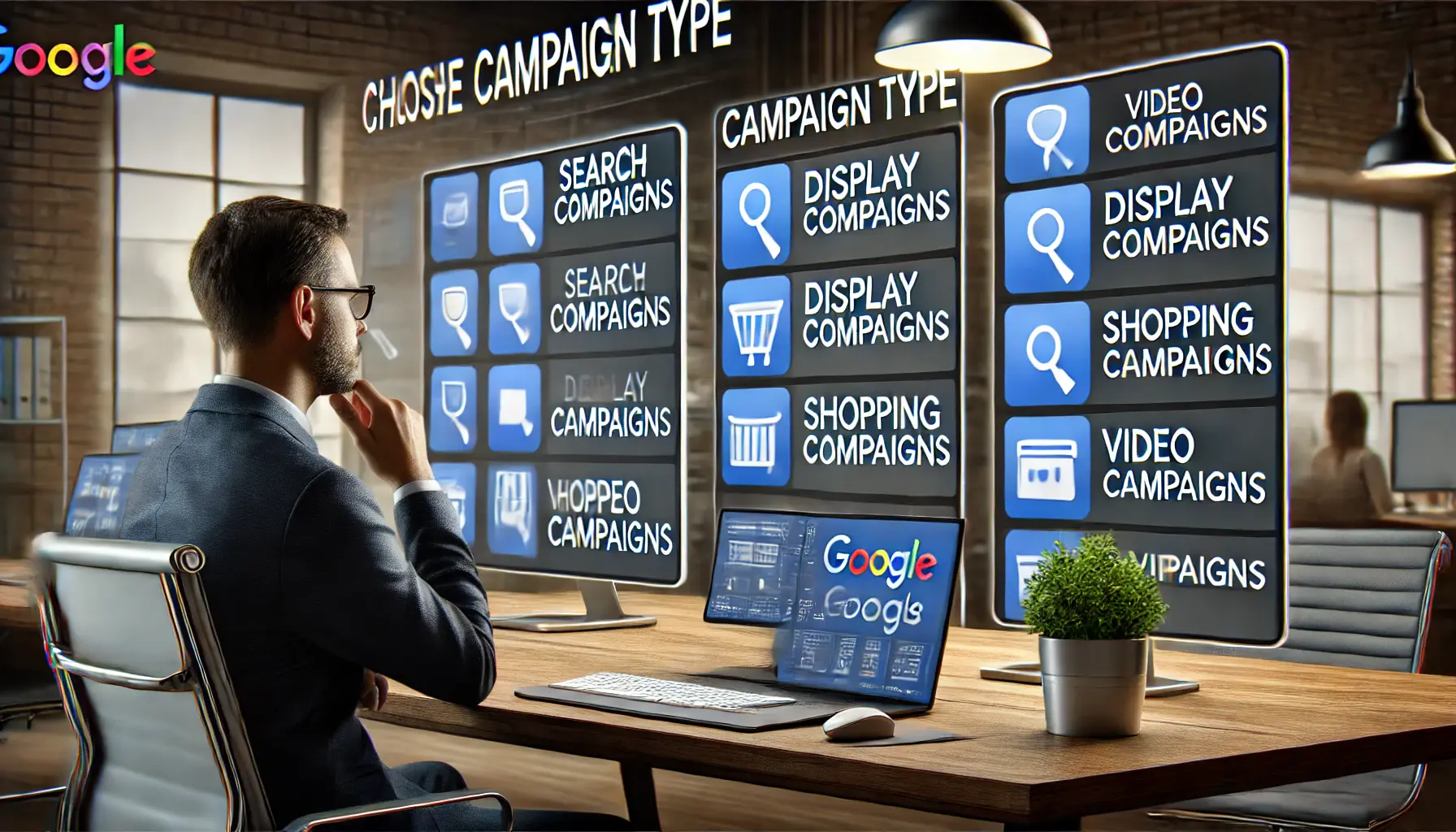 A marketer reviewing multiple screens displaying different Google Ads campaign types such as Search, Display, Shopping, and Video campaigns.