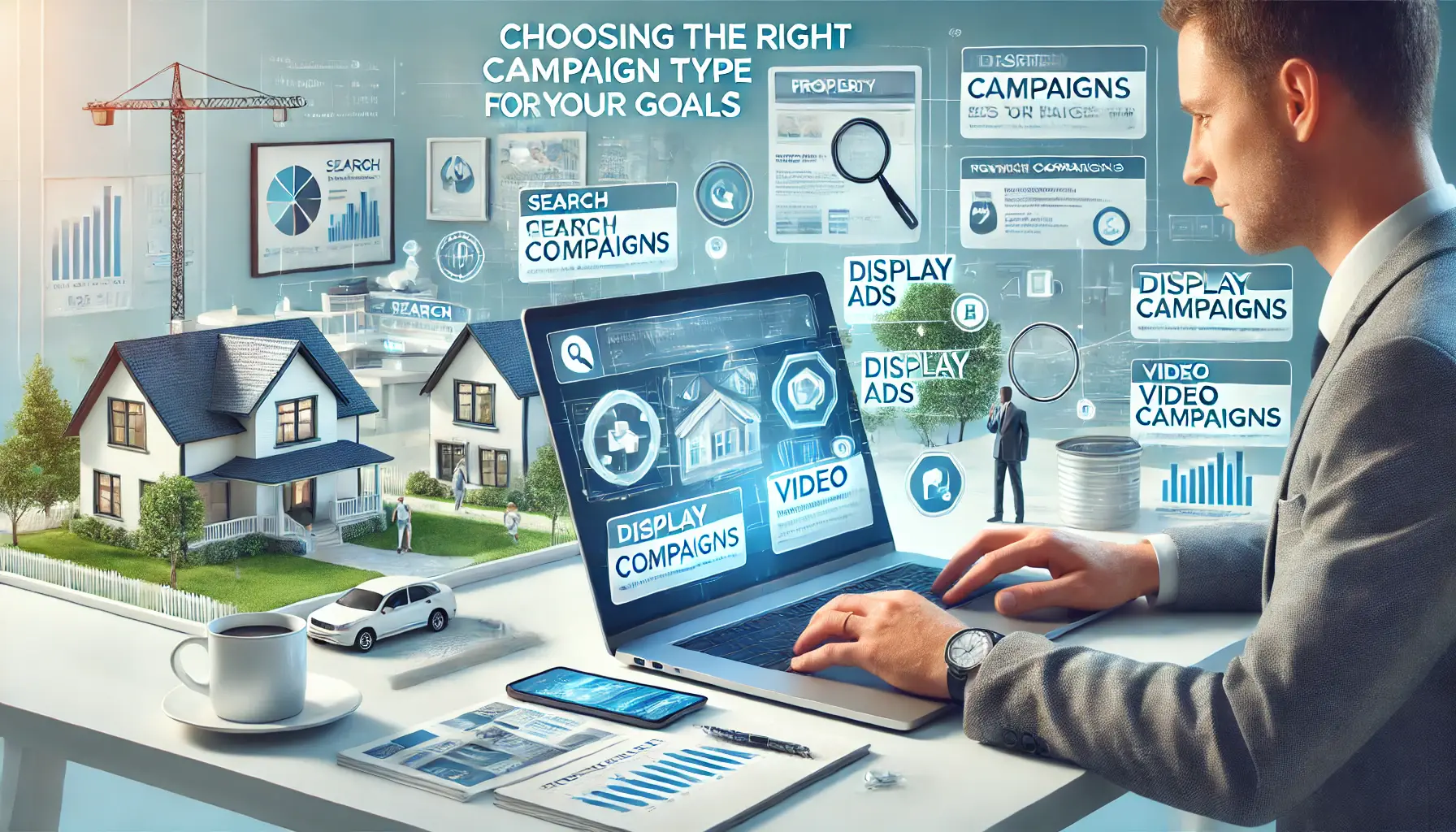 A real estate marketer analyzing different campaign types on a laptop in a modern workspace with property elements.