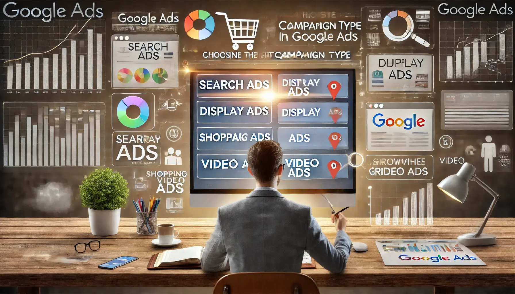 A marketer analyzing campaign options on a screen, with graphics of search ads, display ads, and audience targeting.