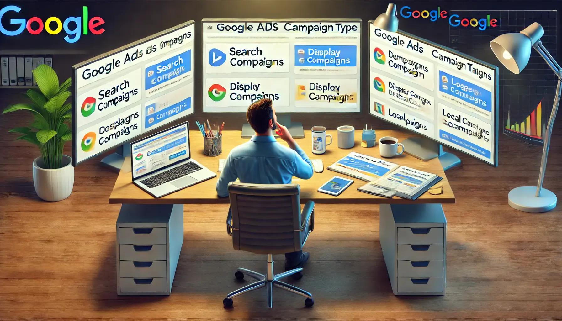 A small business owner sitting at a desk with multiple screens displaying different Google Ads campaign types, thoughtfully analyzing them.