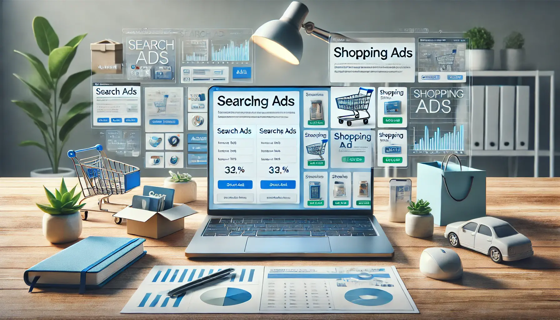 A workspace showing a laptop comparing Search Ads setup with text-based options and Shopping Ads setup with product images and prices, surrounded by e-commerce elements.