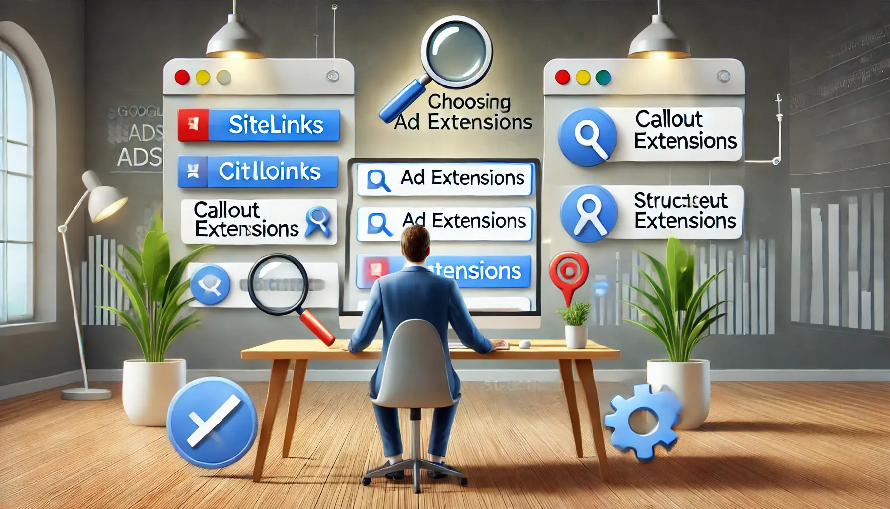 A marketer analyzing a dashboard with ad extension options like sitelinks, callout extensions, and structured snippets, surrounded by decision-making icons.