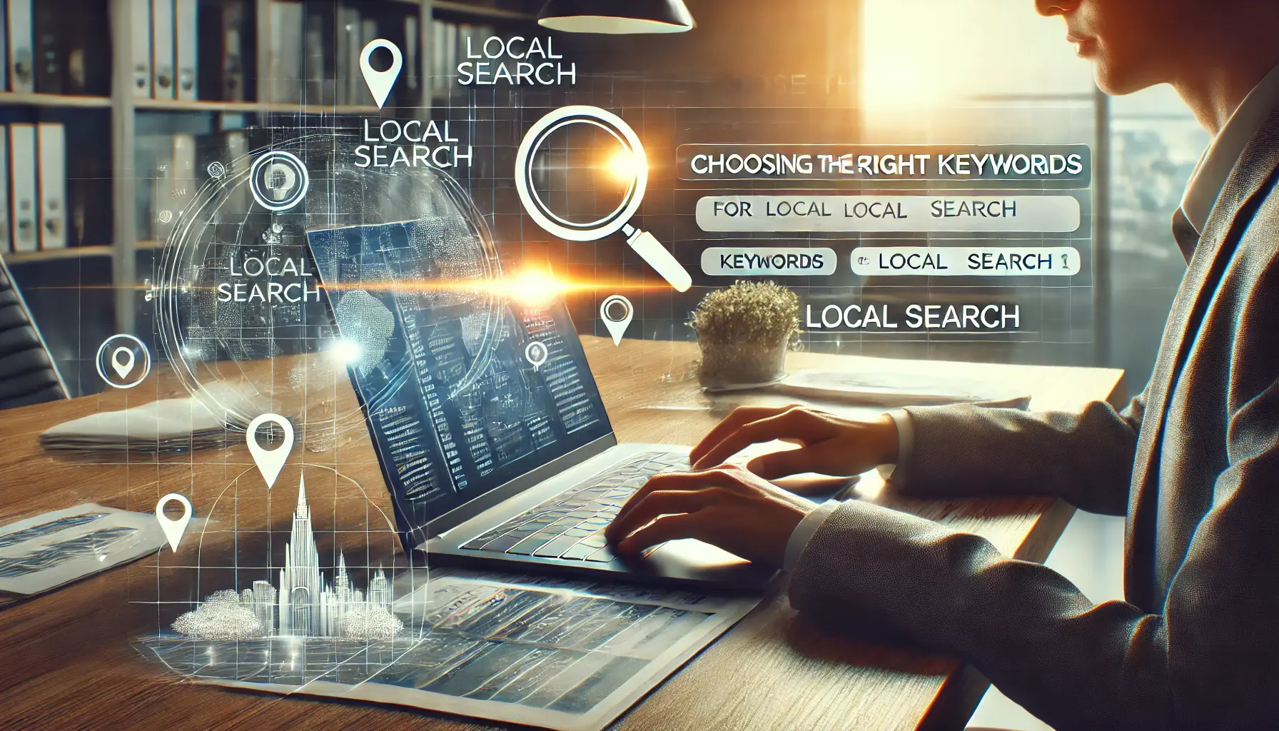 A person analyzing search engine data and keyword metrics on a laptop, with location-based markers visible on the screen.