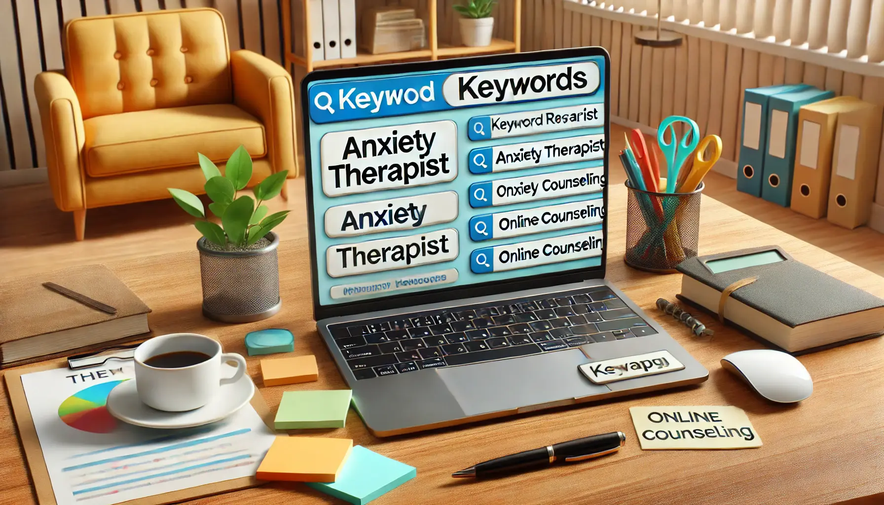 An image showcasing a laptop with a keyword research tool and therapy-related terms, set on a desk with tools like sticky notes and a coffee cup.